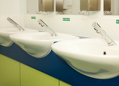 Blue and green inset vanity units