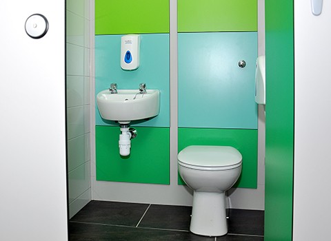 Ambulant disabled toilet cubicle with sink